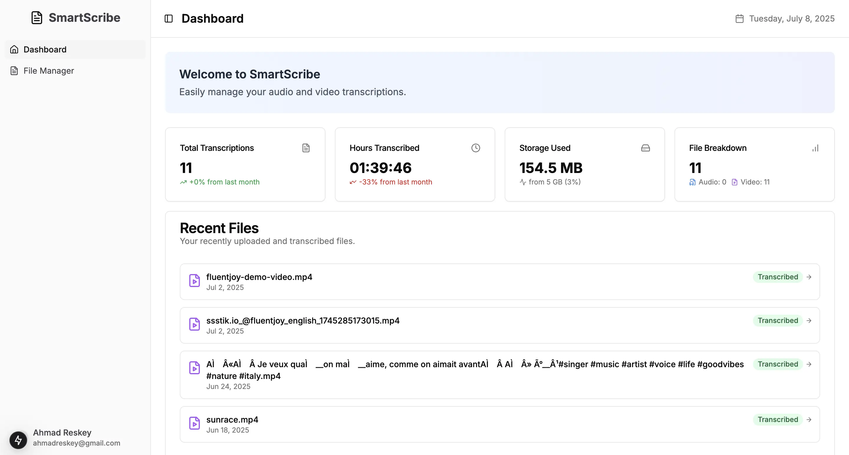 SmartScribe Dashboard - File management and statistics