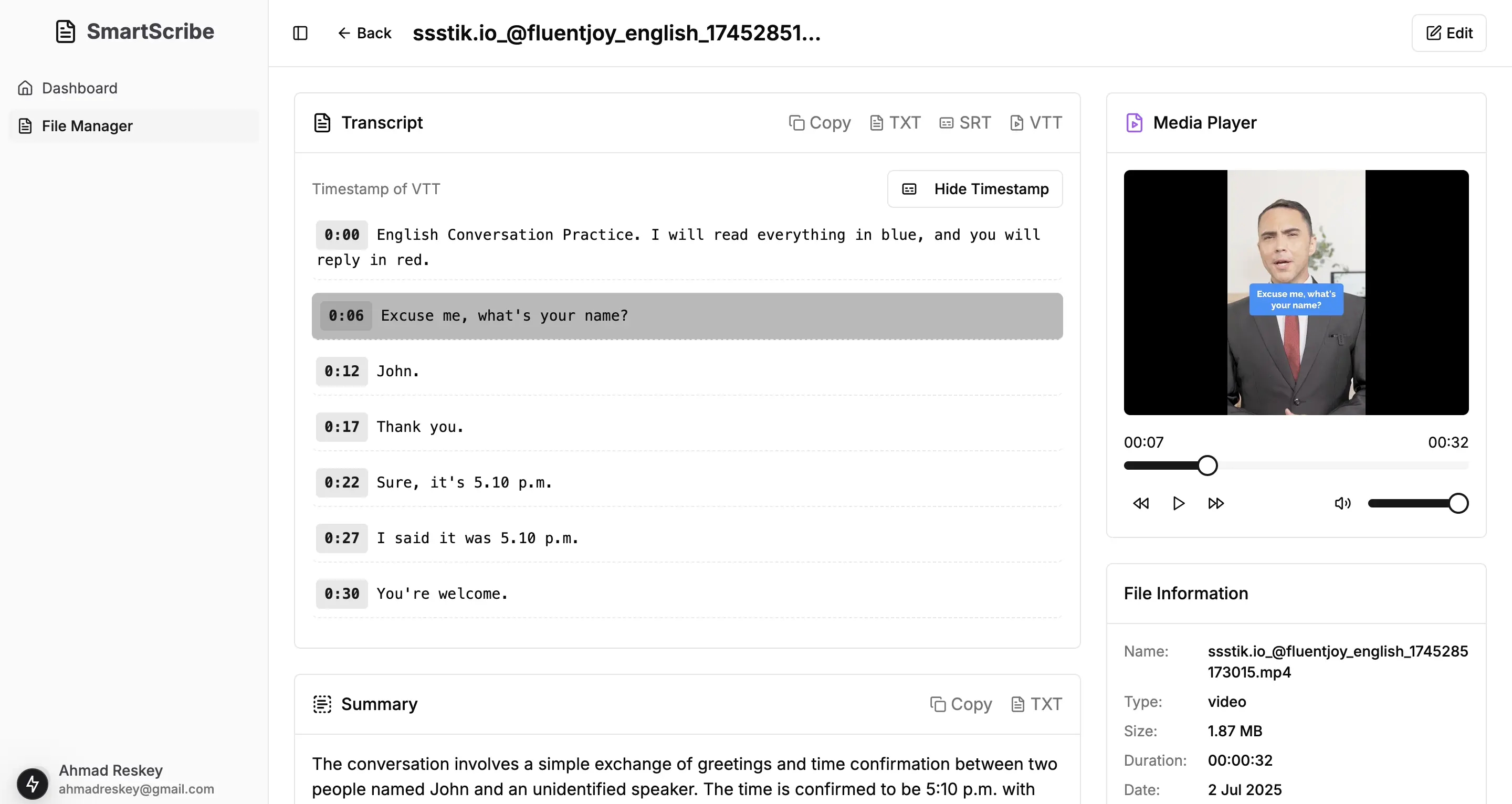 SmartScribe Transcript View - Real-time transcription with media player